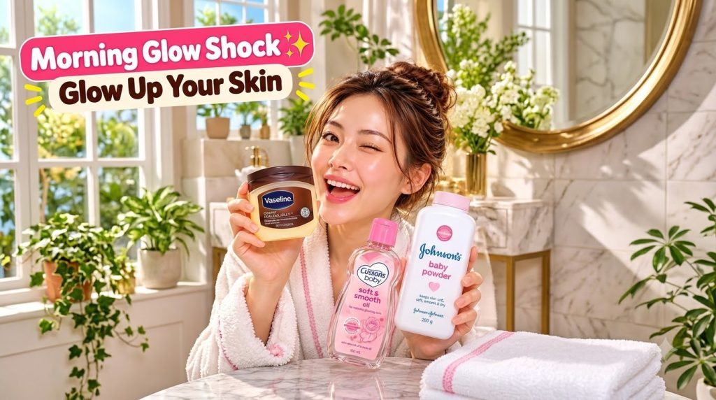 A cheerful woman in a white and pink bathrobe winking and smiling holding three common skincare products petroleum jelly