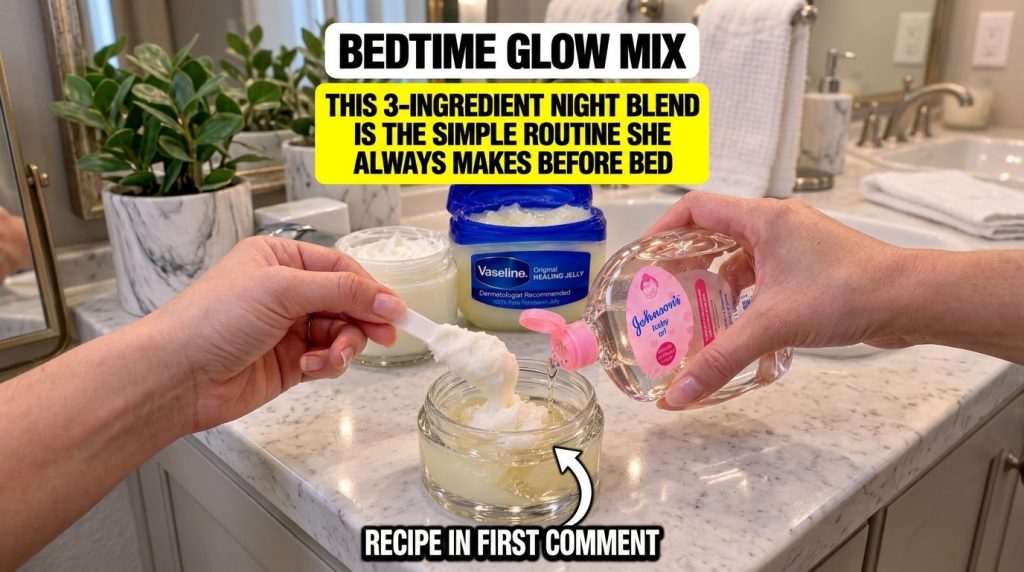 Hands preparing a homemade beauty mix in a small glass jar on a bathroom counter A spatula adds a white gel and baby oil