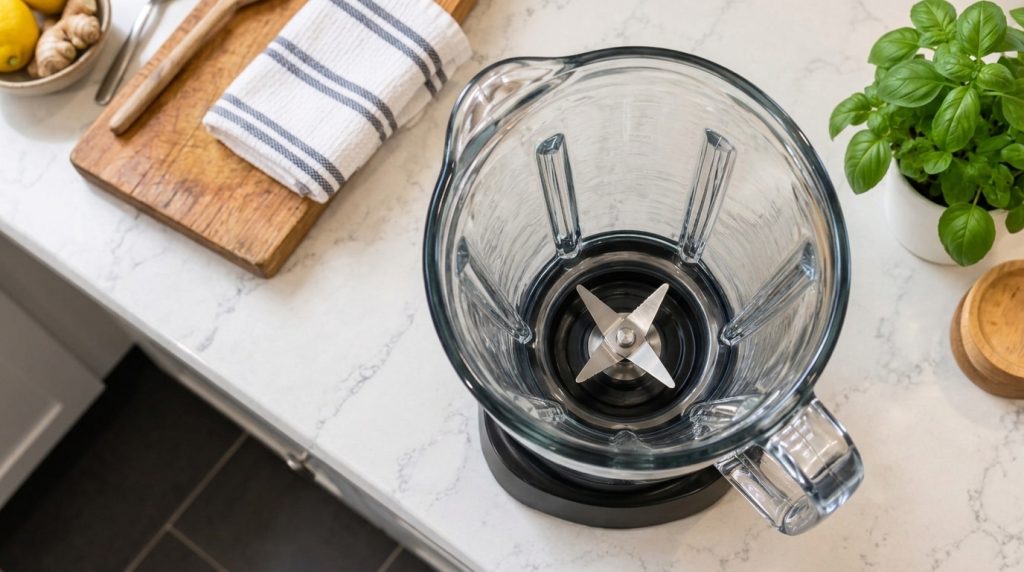 A clean empty glass blender pitcher on a light-colored countertop ready for ingredients