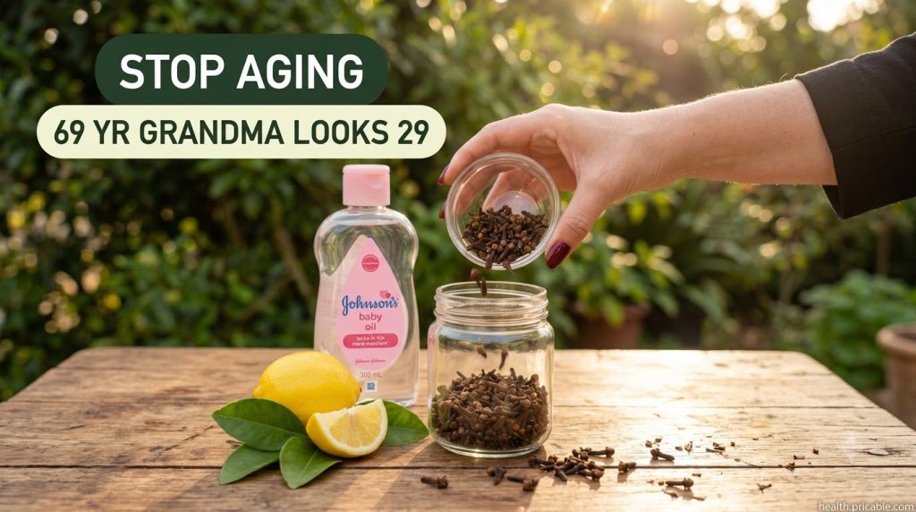 A hand pouring dried cloves into a glass jar with baby oil and lemons nearby on a wooden surface with blurred natural gr