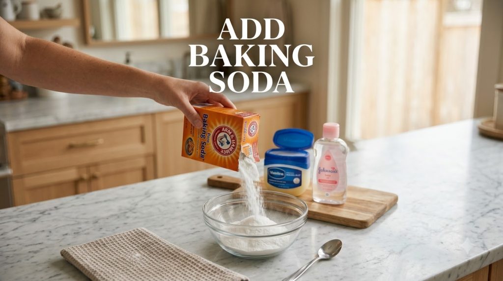 A hand pouring baking soda from a box into a clear glass bowl on a marble countertop with Vaseline and baby oil in the b
