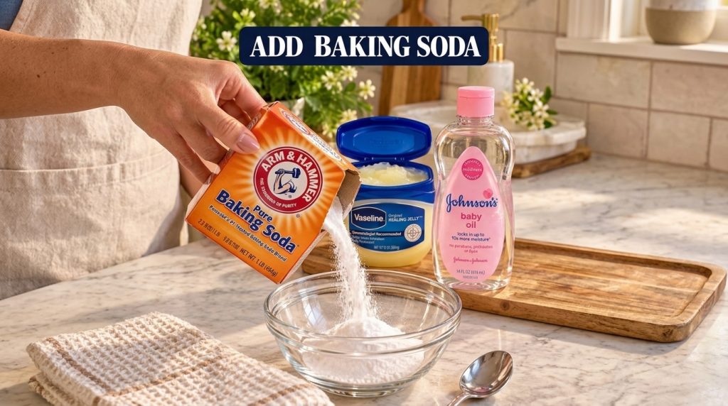 A hand pouring baking soda into a clear glass bowl surrounded by Vaseline Healing Jelly and Johnson s Baby Oil bottles o