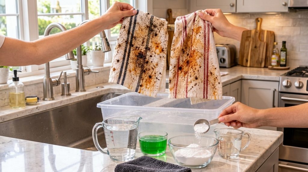 Hands holding heavily stained kitchen towels over a plastic bin of steaming bubbling water with various cleaning ingredi