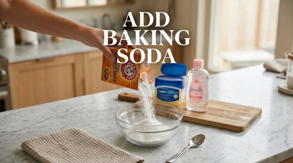 A hand pouring baking soda from a box into a clear glass bowl on a white marble countertop with other DIY beauty items i