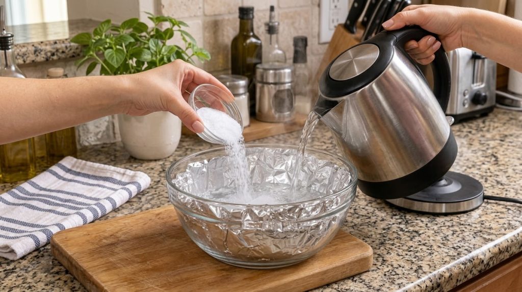 A hand pouring white powder into a glass bowl lined with crumpled aluminum foil while an electric kettle simultaneously 