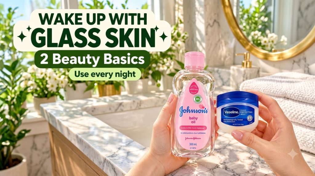 Hands holding a bottle of Johnson s baby oil and a tub of Vaseline Original Protecting Jelly in a bright bathroom settin