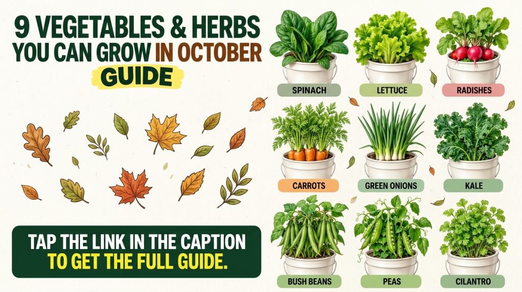 An infographic grid showing nine different vegetables and herbs each growing in a white planter bucket Plants include sp