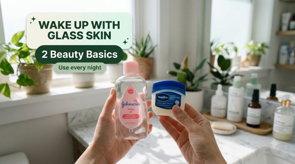A pair of hands holding Johnson s Baby Oil and Vaseline Original Protecting Jelly with a blurred bathroom background fea