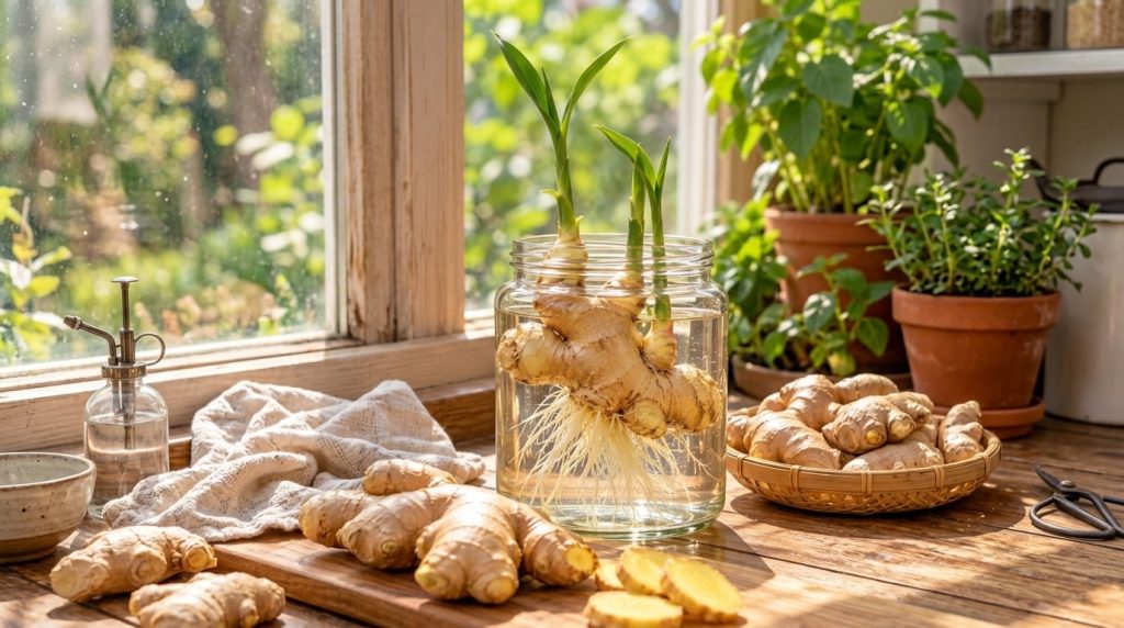 A large ginger root sprouting in a clear glass jar of water showing delicate white roots submerged and vibrant green sho