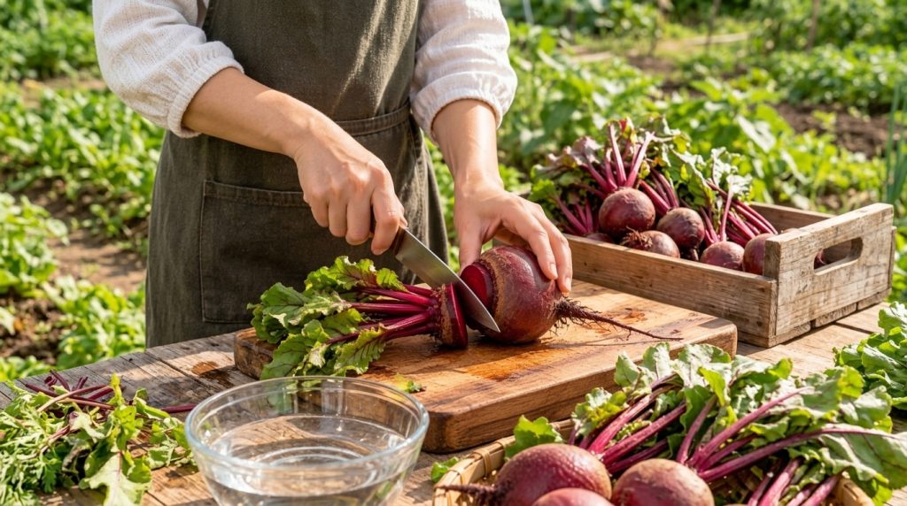 A close-up of a person s hands in an apron meticulously slicing a large beetroot on a rustic wooden cutting board Other 
