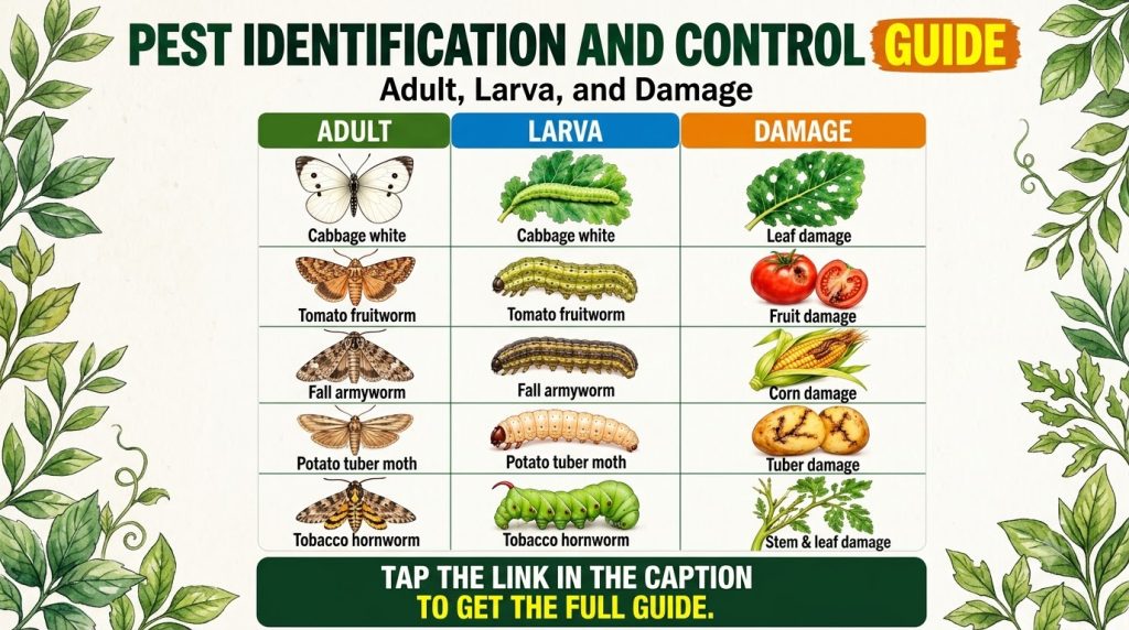 A grid layout showing five common garden pests with illustrations of their adult forms larval stages and the specific da