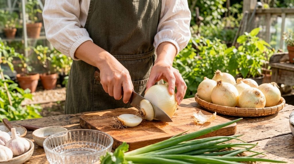 A close-up of hands preparing onion peels on a rustic wooden cutting board with vibrant green garden foliage softly blur