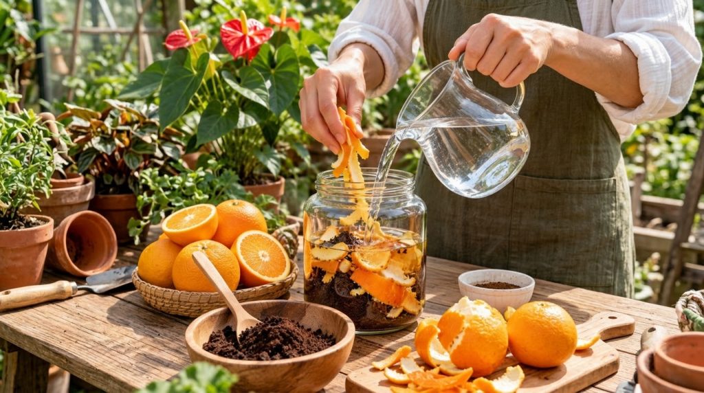 Hands adding orange peels to a glass jar pouring water with coffee grounds and fresh oranges nearby in a rustic outdoor 