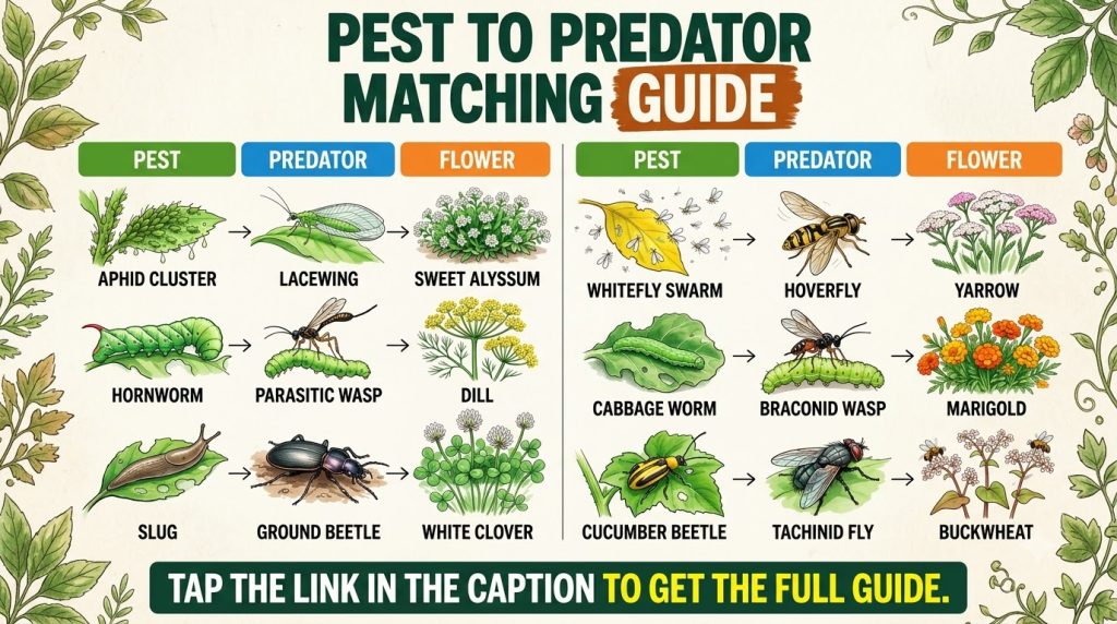 An educational infographic titled Pest to Predator Matching Guide showing garden pests their natural insect predators an