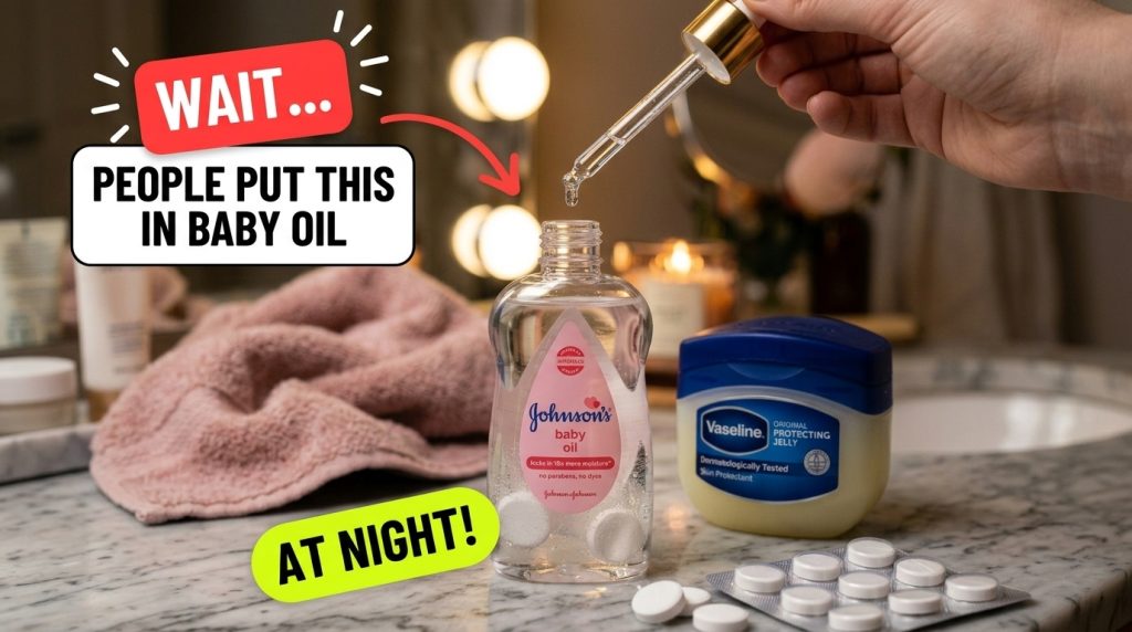 A close-up shot of a Johnson s baby oil bottle on a marble counter with a hand holding a dropper adding liquid into it S