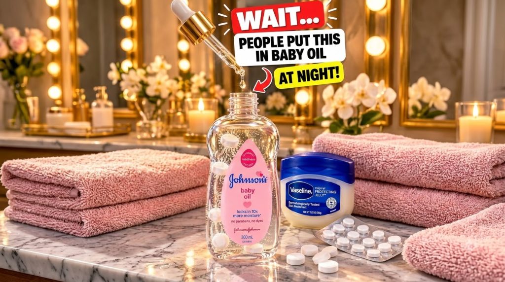 A bottle of baby oil on a polished surface with Vitamin E capsules a dropper and a jar of Vaseline set against a warm am