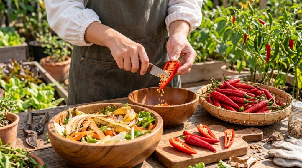 Close-up of hands deseeding a red chili pepper with seeds falling into a wooden bowl Other chilies and green plants are 