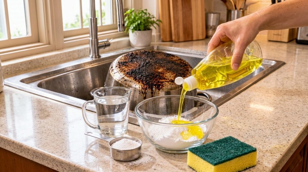 A hand pouring yellow dish soap into a glass bowl containing white powder baking soda on a kitchen counter In the backgr