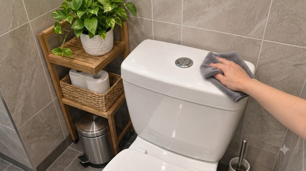 A hand gently wiping the top of a white toilet tank with a grey microfiber cloth in a clean modern bathroom