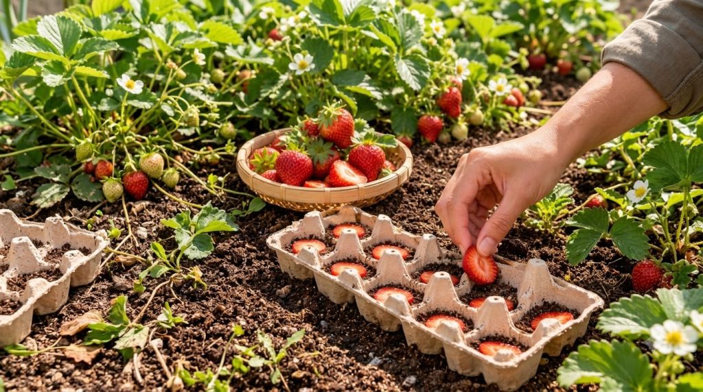 A hand gently places a sliced strawberry into a soil-filled egg carton with other strawberry slices already nestled in d