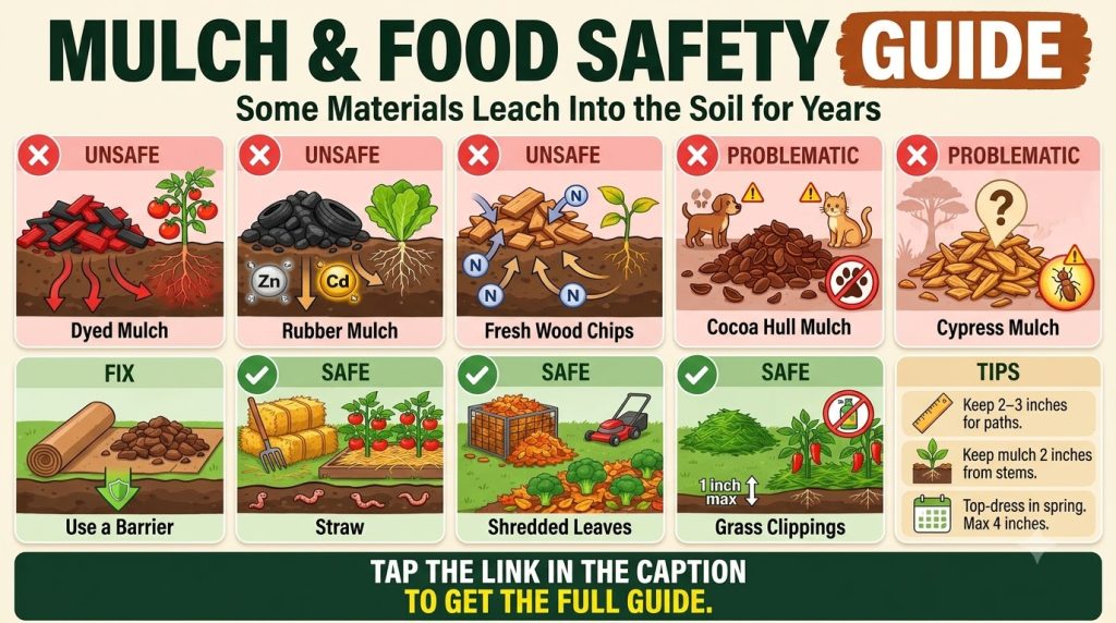 Infographic detailing safe problematic and unsafe mulches for food safety in a garden setting