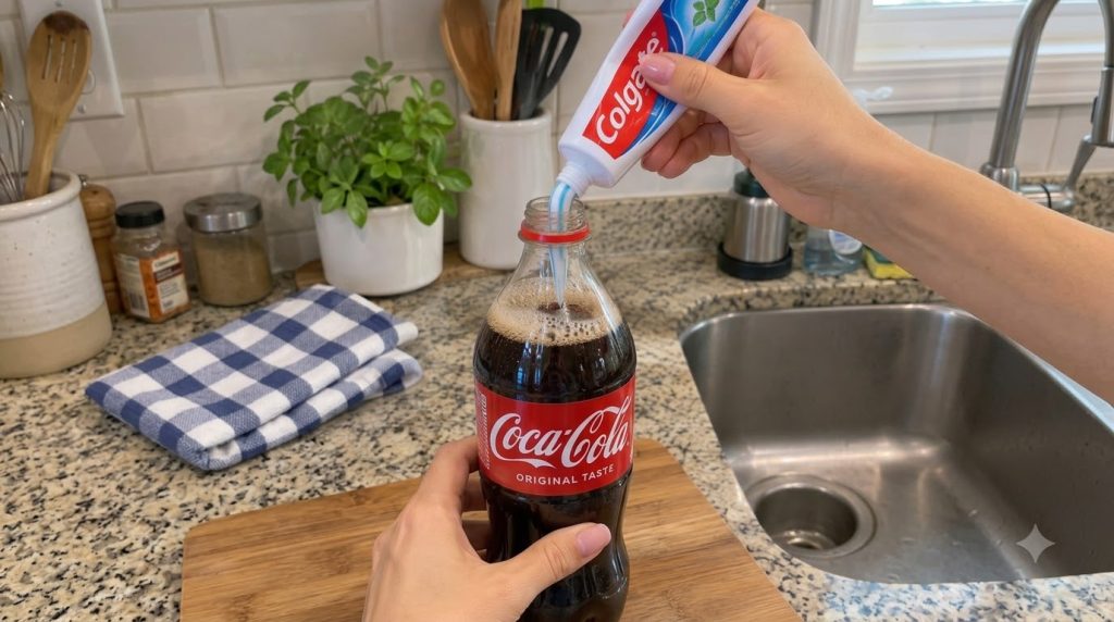 A close-up top-down view of hands squeezing Colgate toothpaste into a bottle of Coca-Cola creating a visible foam at the