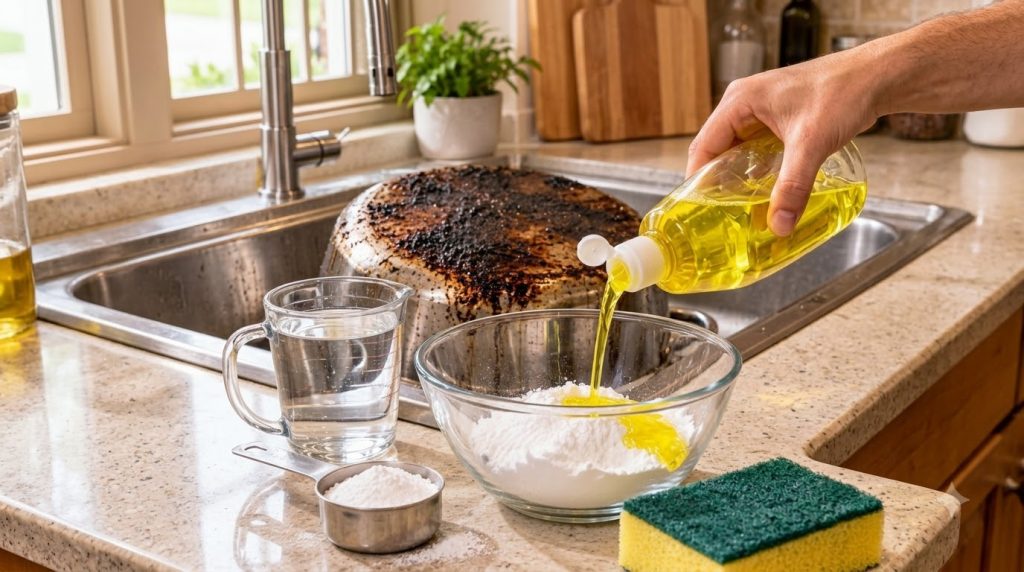 A close-up of a female hand pouring yellow dish soap into a bowl of white baking soda on a kitchen counter with a heavil