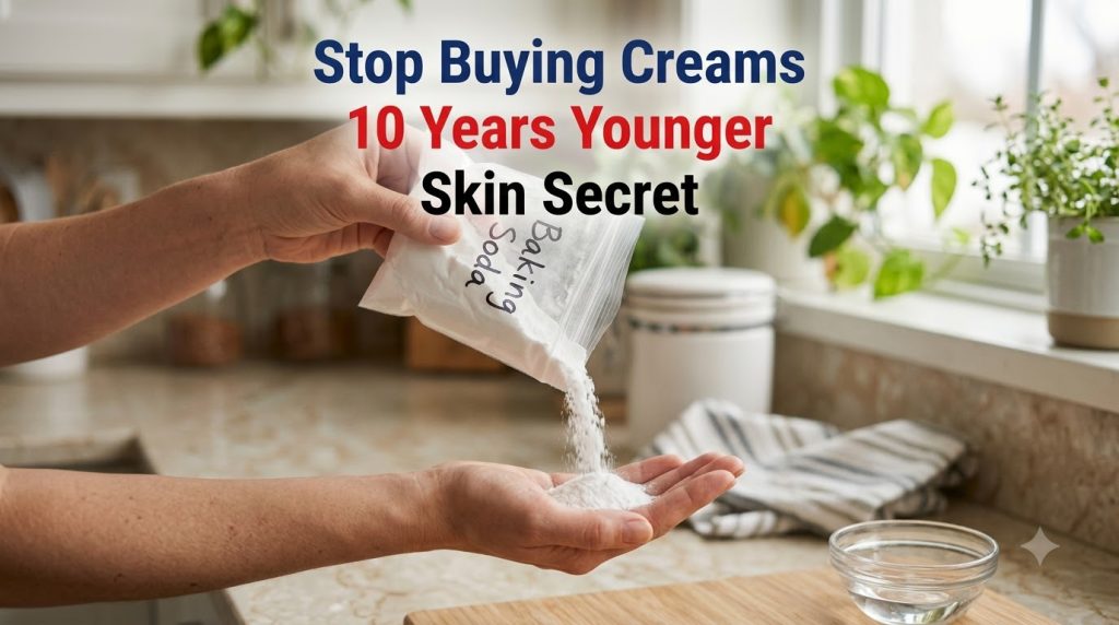A person s hands one pouring white baking soda powder from a plastic bag into the other cupped hand against a blurred ki
