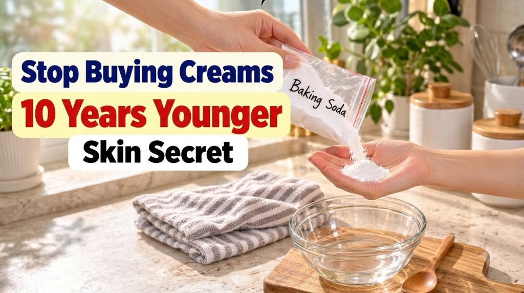 Hands pouring baking soda into a cupped hand with a glass bowl of water and a wooden spoon on a cutting board in a natur