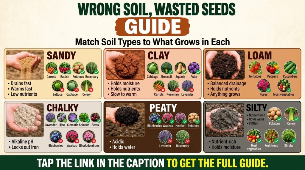 An infographic titled Wrong Soil Wasted Seeds showing six distinct soil types Sandy Clay Loam Chalky Peaty Silty with de