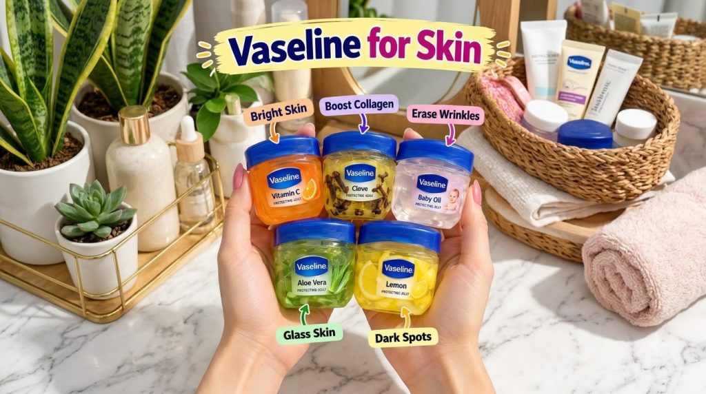Five small jars of Vaseline Protecting Jelly each with different ingredients like Vitamin C Clove Aloe Vera Lemon and Ba