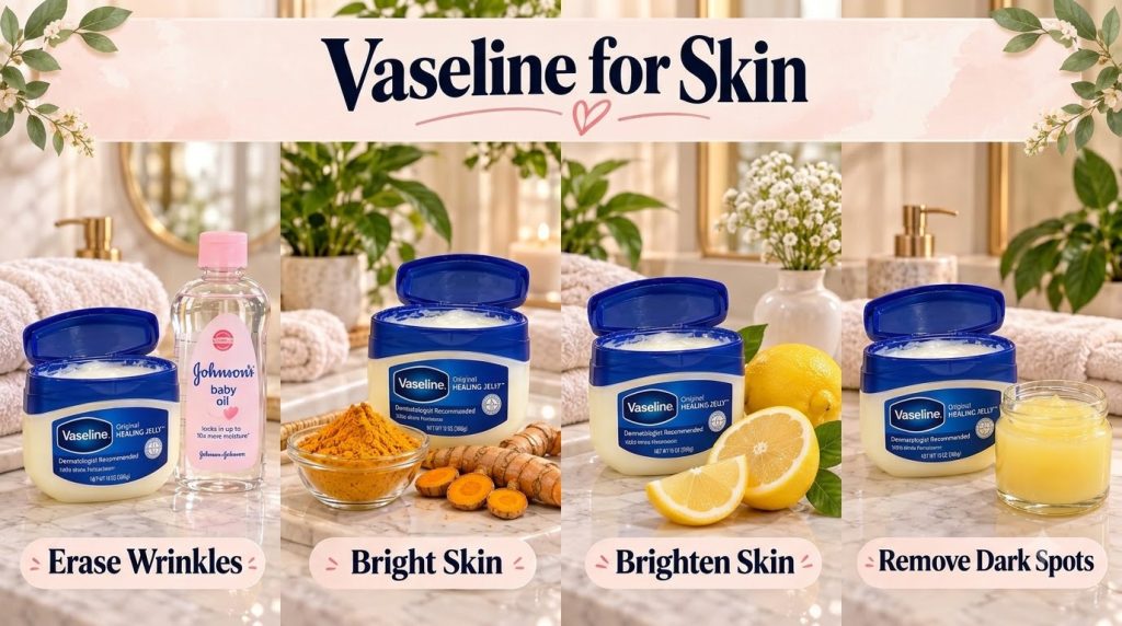 A collage showing Vaseline with various natural ingredients like baby oil turmeric and lemons arranged on a bathroom cou