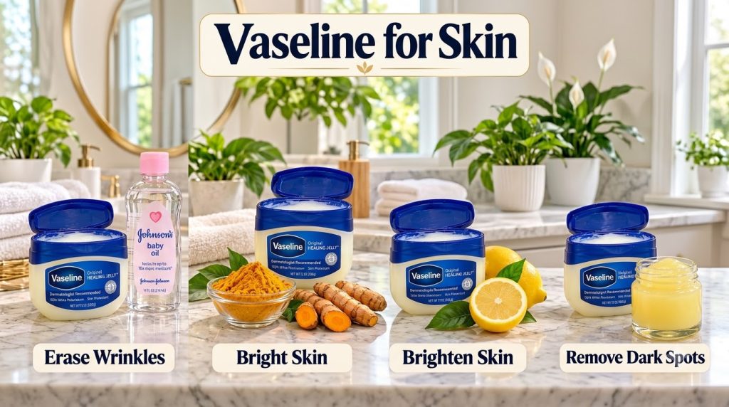 A four-panel grid showing Vaseline with baby oil turmeric and lemons highlighting skin benefits like Erase Wrinkles Brig