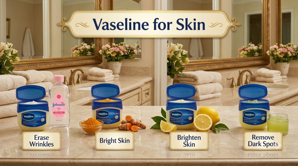 A collage showing Vaseline for Skin at the top and four panels below Each panel features Vaseline Original Healing Jelly
