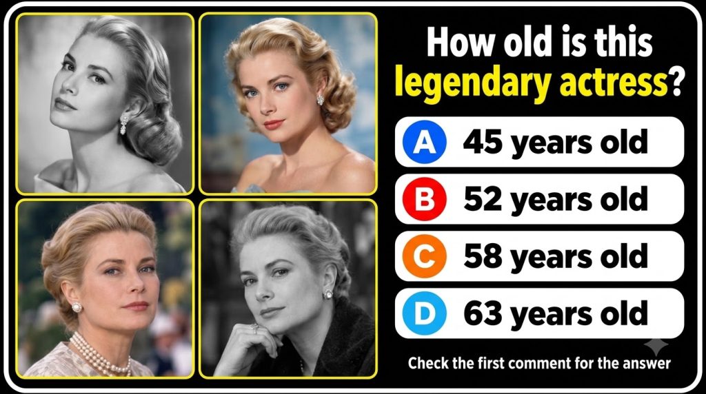 A mobile-optimized quiz card featuring a Guess the Age challenge The top half shows a 2x2 grid of four portraits of Grac
