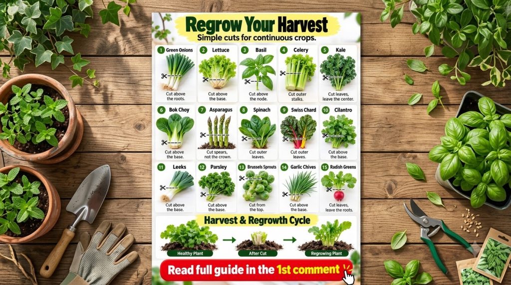 An infographic showing 15 different vegetables and herbs with instructions on how to cut them for continuous regrowth It