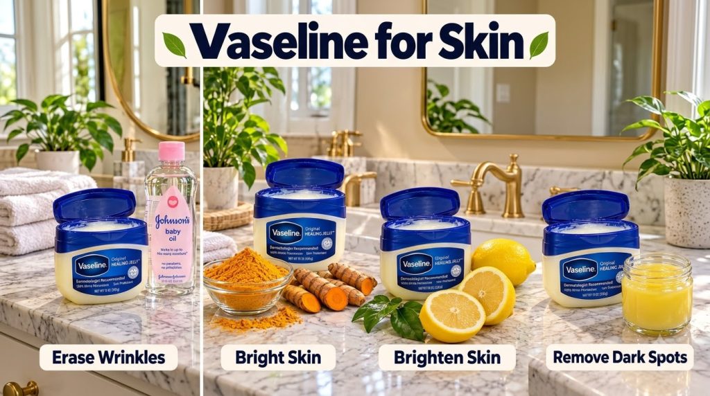 A four-panel grid showcasing Vaseline Original Healing Jelly paired with baby oil turmeric powder lemon slices and a yel