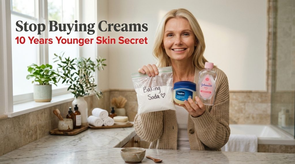 A smiling blonde woman holding up a Ziploc bag of baking soda a tub of Vaseline and a bottle of Johnson s baby oil in a 