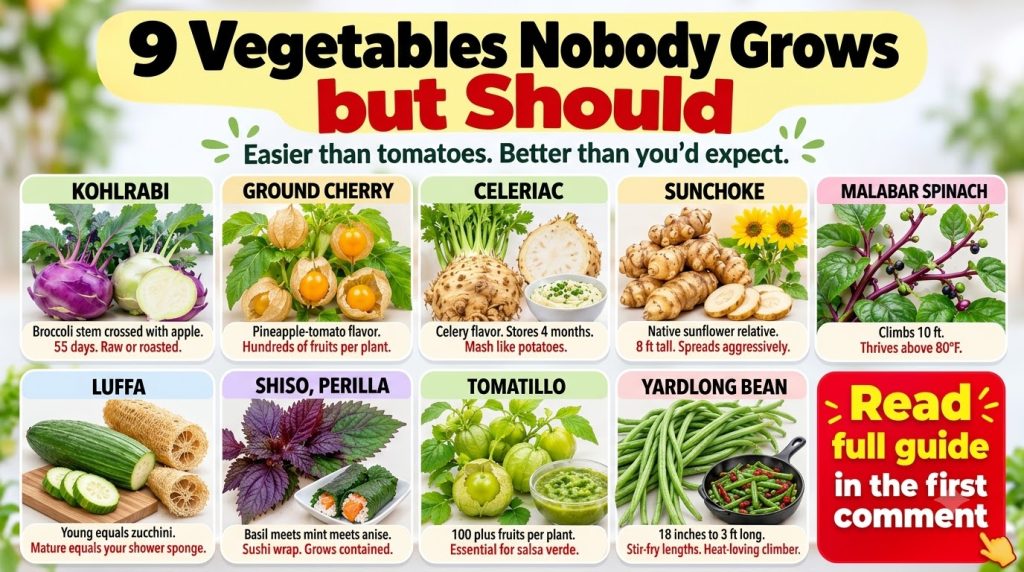 An infographic showing nine unusual vegetables with their names and pictures Kohlrabi Ground Cherry Celeriac Sunchoke Ma