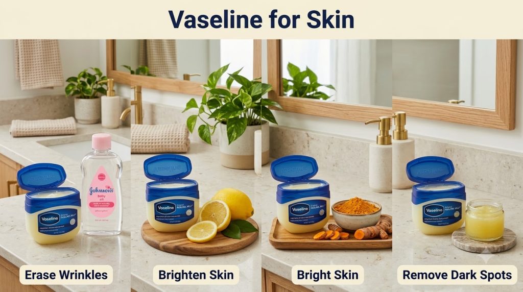 A 2x2 grid showing Vaseline jars next to Johnson s baby oil turmeric powder and roots fresh lemons and a yellow creamy m