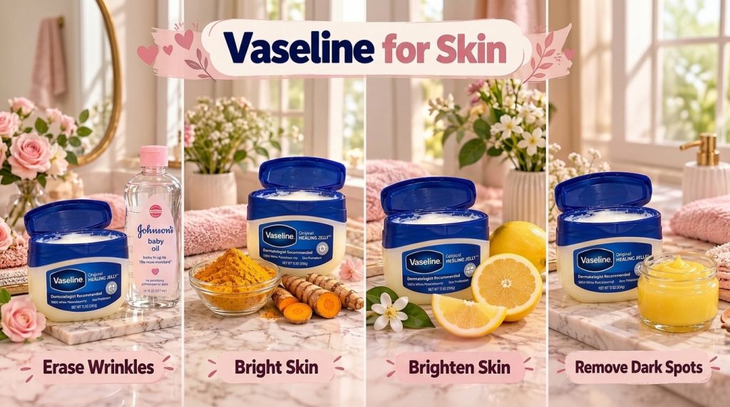 A 2x2 grid showing Vaseline paired with baby oil turmeric lemons and a creamy yellow base all with decorative roses and 