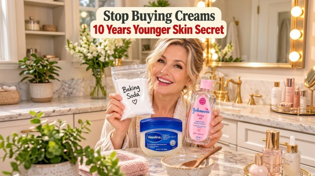 A smiling blonde woman holding a clear bag of baking soda a tub of Vaseline and a bottle of baby oil against a blurred b