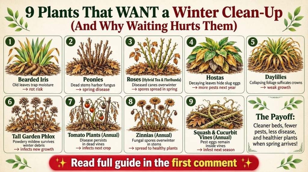 An infographic showing nine common garden plants like Bearded Iris Peonies Roses Hostas with withered foliage indicating