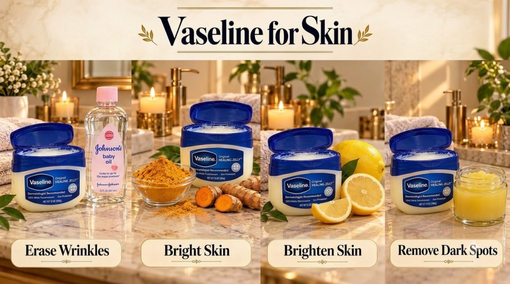 A four-panel vertical collage illustrating different DIY beauty hacks using Vaseline and natural ingredients like baby o