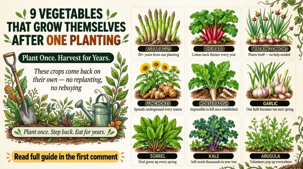 An infographic showcasing nine different perennial vegetables with illustrations and short descriptions arranged in a cl