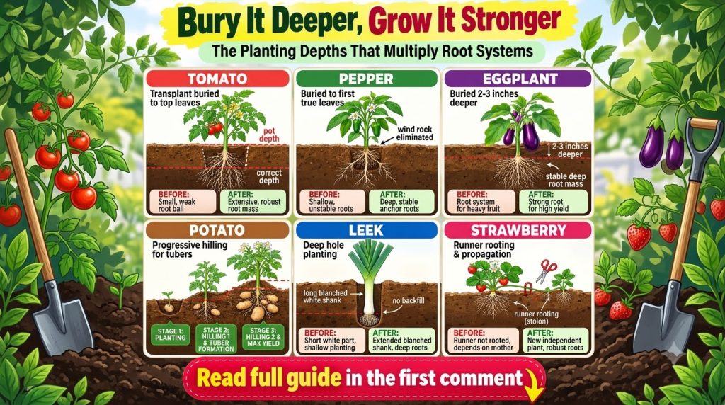 An infographic showing optimal planting depths for six plants tomato pepper eggplant potato leek and strawberry with bef