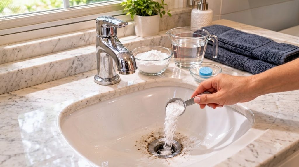 A hand pouring white baking soda powder into a dirty bathroom sink drain from a measuring spoon On the counter there s a
