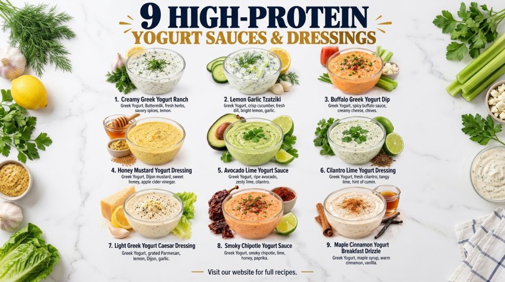 A grid of nine different high-protein yogurt sauces each in a small bowl surrounded by its fresh ingredients like herbs 