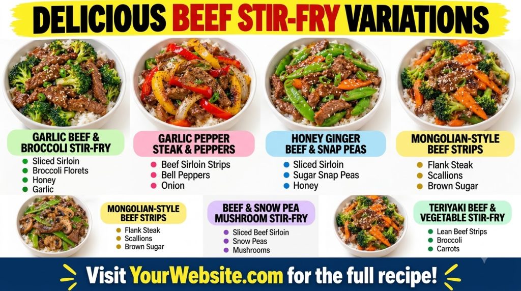 A top-down view of six different beef stir-fry dishes arranged in a 3x2 grid each in a white bowl over rice showcasing v