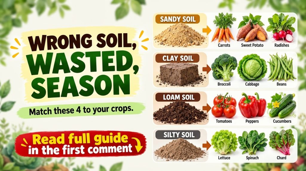 An infographic showing four different soil types Sandy Clay Loam Silty in distinct sections each with examples of vegeta